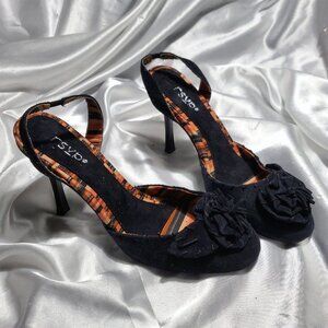 NEW RSVP black suede leather sling back high heel pumps with floral bows SZ 7.5